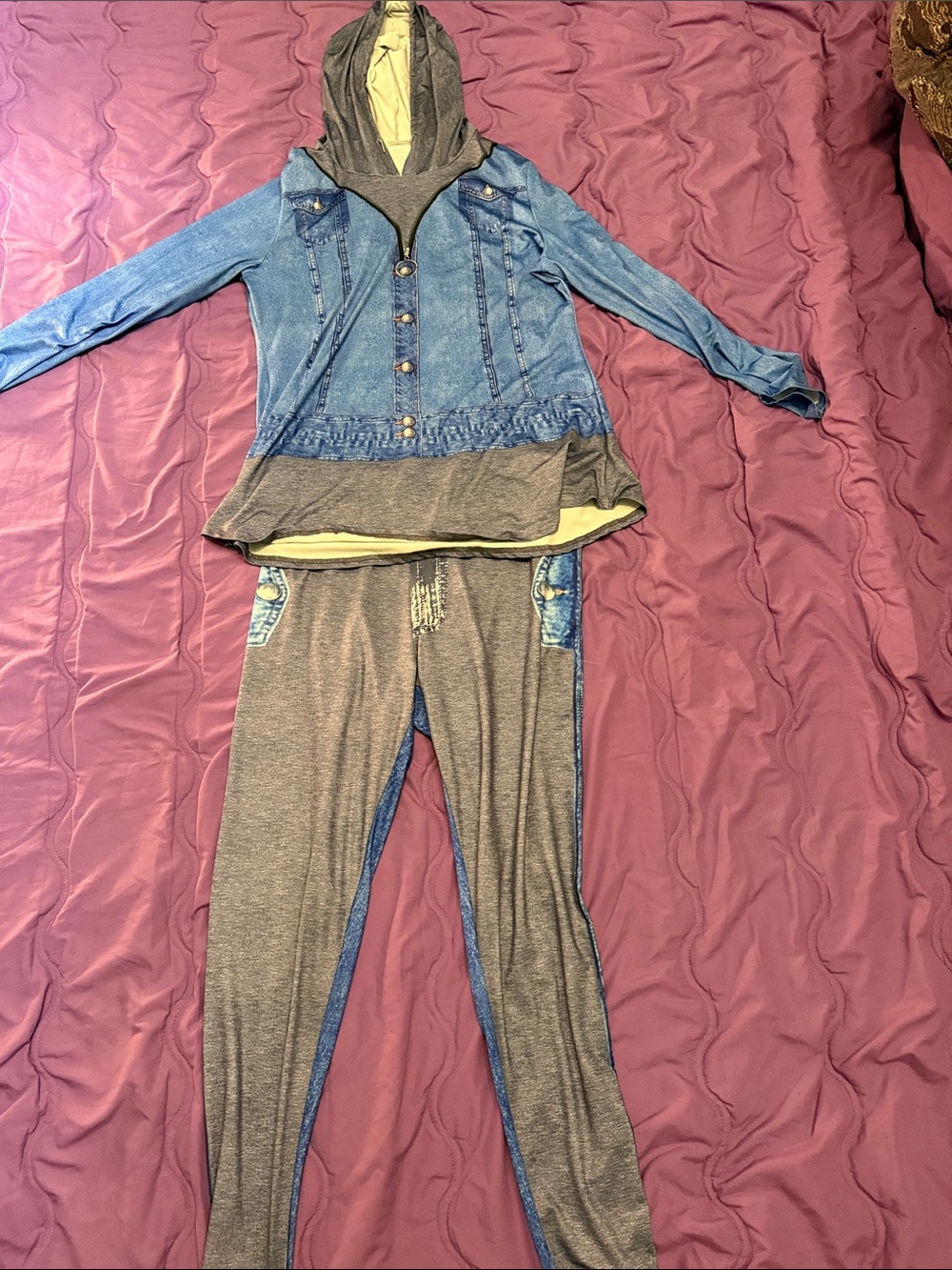 Fashion Nova Gray & Blue Hooded Jumpsuit-Style Pantsuit